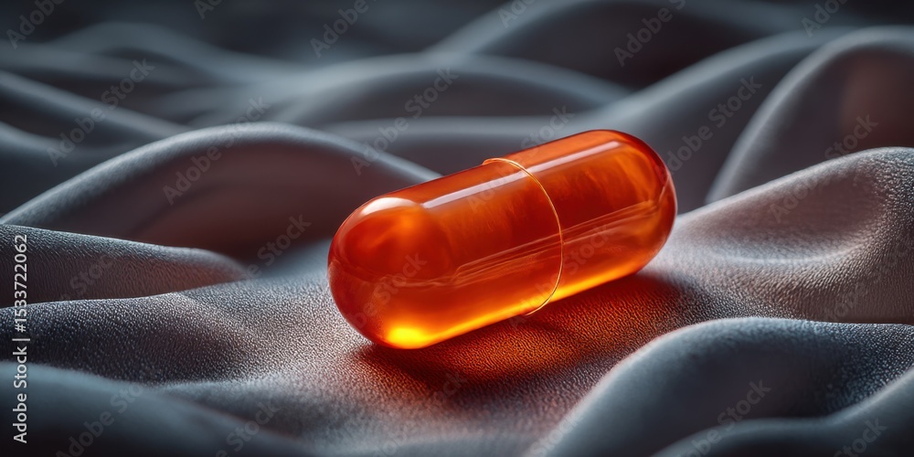Poster bright orange capsule resting on soft fabric with gentle folds and shadows in a serene environment