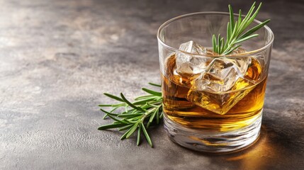 Glass of whiskey with a smoky flavor, served with a chunk of ice and a sprig of rosemary 