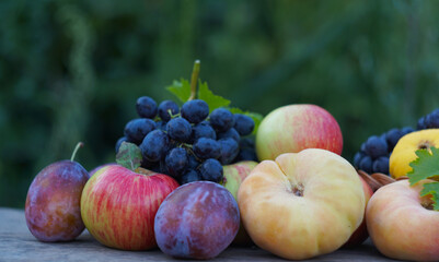 In the lap of nature, various fruits picked on a board