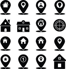 Collection of black and white location pin icons featuring houses and other landmarks