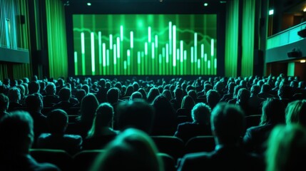 Large group of diverse people watching a movie in a theater with green lighting effects