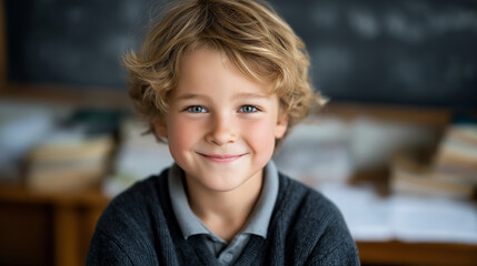 Happy smiling schoolboy in a cheerful classroom setting