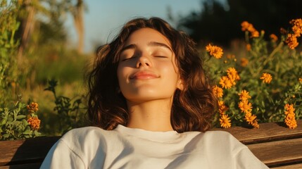 Latin American woman in a serene park, relaxing on a bench with her eyes closed, surrounded by wildflowers