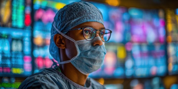 Medical professional monitors patient data in a high-tech environment during a critical procedure in a hospital