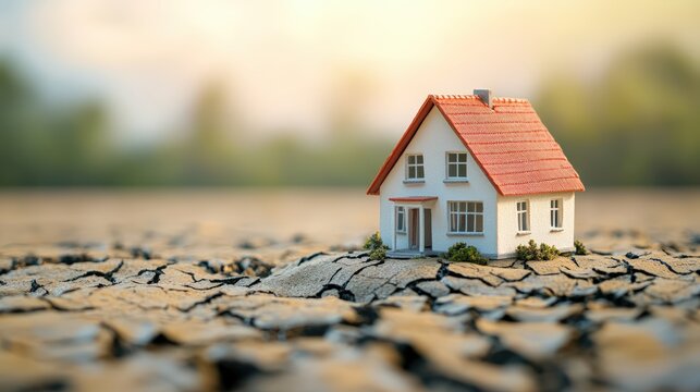 Miniature house on cracked dry earth symbolizing drought and climate change