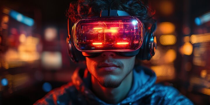 Young man experiences immersive virtual reality in a dark gaming environment