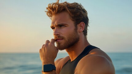 Man adjusting his smartwatch after checking pulse following an outdoor workout