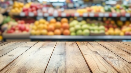 Wooden table with blurred background of colorful fruits in grocery store