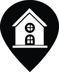 Black and white house icon inside a location pointer graphic