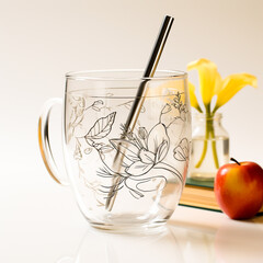 still life with apple juice and flowers