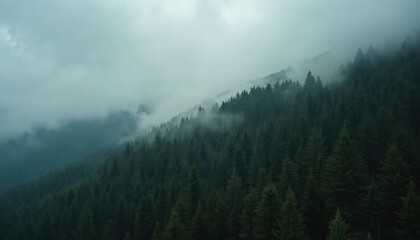 Aerial moody view of dark mountain forest with white clouds on top of trees. Fog, mist, moody sky, Vosges France nature 4K scene. Calm, peaceful vibes.