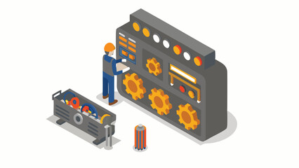 Fototapeta premium Isometric view of a worker operating a machine with gears and a toolbox nearby in a factory setting