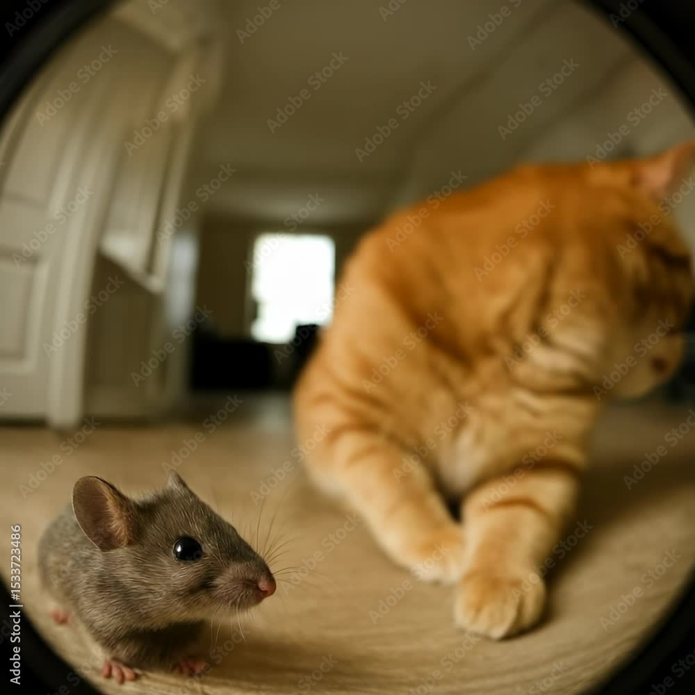 Poster fisheye lens captures a curious cat and mouse close-up, creating a playful, distorted perspective re