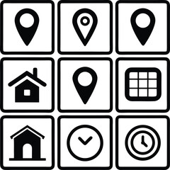 Collection of simple black and white icons representing location home grid and time