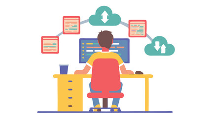 Illustration of a developer working at a desk with cloud computing and documents above them online