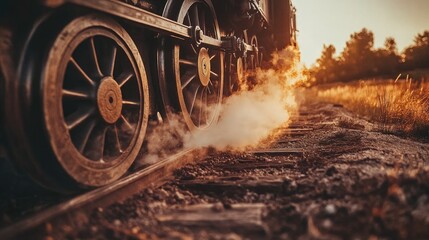 Close-up of a vintage steam locomotive's wheels and drive mechanism emitting steam, set against a sun-drenched rural landscape at sunset