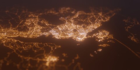 Street lights map of Stavanger (Norway) with tilt-shift effect, view from east. Imitation of macro shot with blurred background. 3d render, selective focus