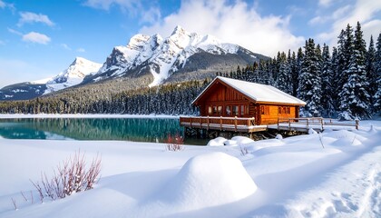 Naklejka premium Winter cabin on lake with snowy mountains.