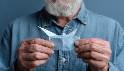 An elderly man skillfully holds a delicate origami crane made from blue paper, showcasing craftsmanship and creativity.