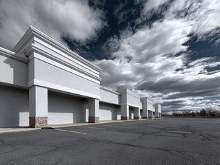 An empty commercial property featuring modern architecture under a dramatic cloudy sky.