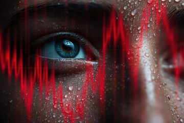An intense close-up of a wet eye with an abstract heartbeat pattern overlay, depicting emotion and human connection.