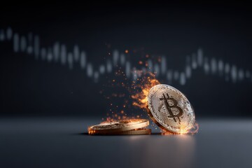 Dynamic representation of Bitcoin coins, illustrating the volatility of cryptocurrency markets with flames and motion.
