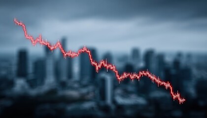 Graph depicting a downward trend in financial markets against a blurred city skyline background.