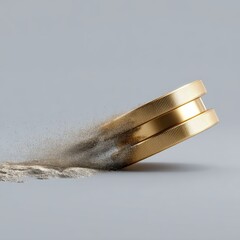 Golden coins collapsing into dust, symbolizing financial loss and economic instability in a modern context.