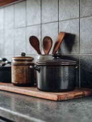 Modern kitchen scene featuring pots, wooden spoons, and a rustic ambiance on a dark countertop.