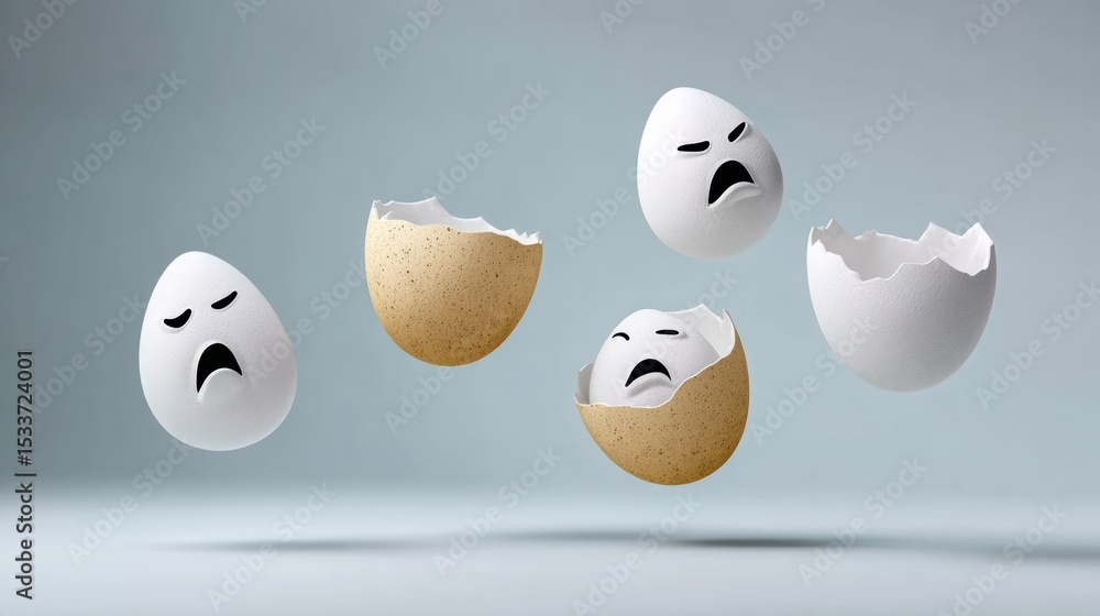 Poster floating eggs with expressive faces, some cracked and broken, depicting a range of emotions in a whi