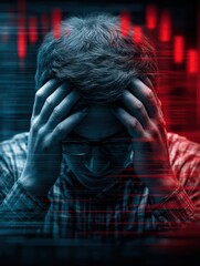 A man displays stress and frustration, surrounded by abstract digital patterns that represent financial turmoil.