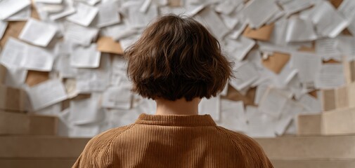 A person contemplating ideas with a wall full of papers, reflecting creativity and inspiration in a dynamic environment.