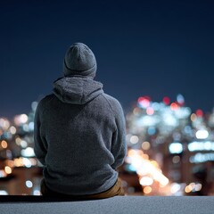 A person sits alone on a rooftop at night, gazing over a vibrant city skyline illuminated by glowing lights.