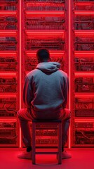 A person sitting in front of a network rack illuminated by red lights, capturing the essence of modern digital environments.