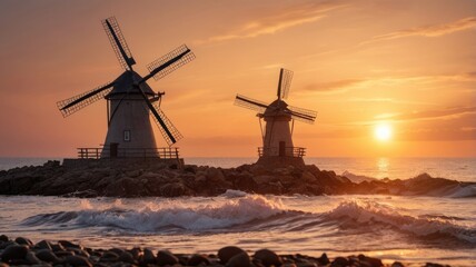 Sunset Silhouette Coastal Windmills at Golden Hour