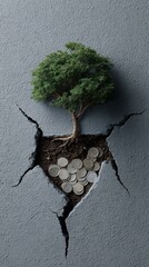 A resilient tree grows from a crack in the ground surrounded by coins, symbolizing sustainability and growth.