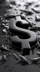 A sleek black dollar sign symbol with a glossy finish, reflecting light against a dark surface for a modern look.