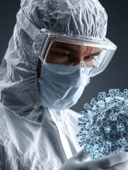 A scientist in protective gear examines a virus model, showcasing the importance of research and safety in health.