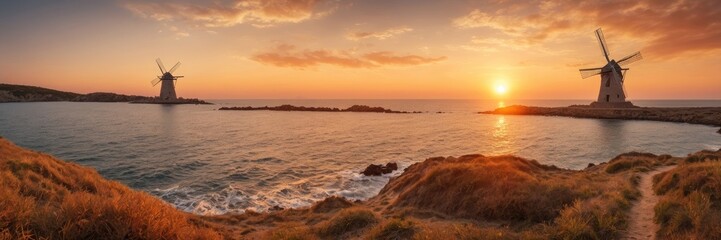 Panoramic Sunset Greek Island Windmills  Coastal Serenity