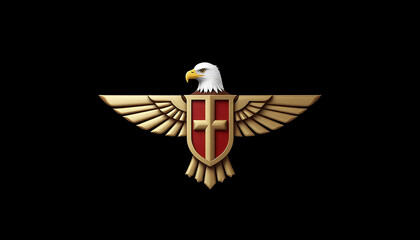 Eagle with shield emblem in gold and red colors representing strength and protection.
