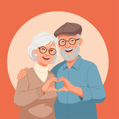 Elderly couple standing close together against a warm beige background.