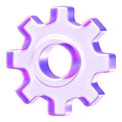 Minimal glassmorphism gear icon representing settings or configuration in modern digital interfaces, purple glass gear cog setting options mechanism, 3d rendering