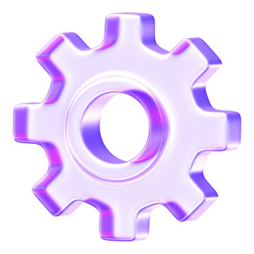 Minimal glassmorphism gear icon representing settings or configuration in modern digital interfaces, purple glass gear cog setting options mechanism, 3d rendering