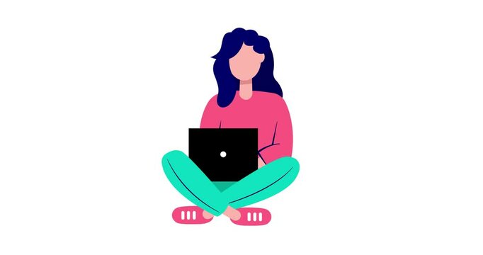 Woman working on laptop. Freelance cartoon 4K video.