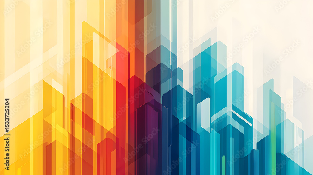 Poster abstract geometric composition with vertical and diagonal lines in warm and cool tones, creating a d