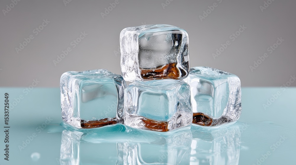 Aufkleber ice cubes stacked on a reflective surface with a hint of brown liquid inside, showcasing the melting