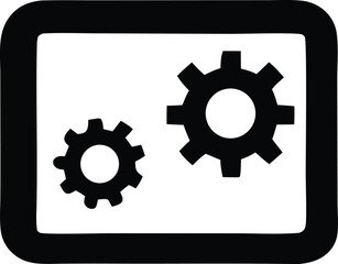 Black and white icon depicting two interlocking gears inside a bold square frame