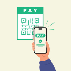 Hand holding a mobile phone for payment, scan QR Code. Cashless payments, Online payment concept.