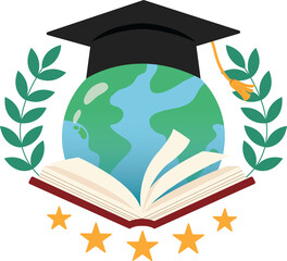Earth globe graduation cap with open book vector design. Education and knowledge logo.