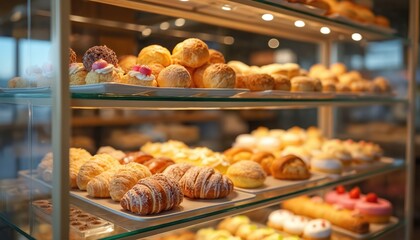 Display case pastries at modern shop. Showcase assortment baked goods croissants, cakes, bagels, bread, buns. Variety of desserts on shelves, ready to serve. Interior design showcases food products.